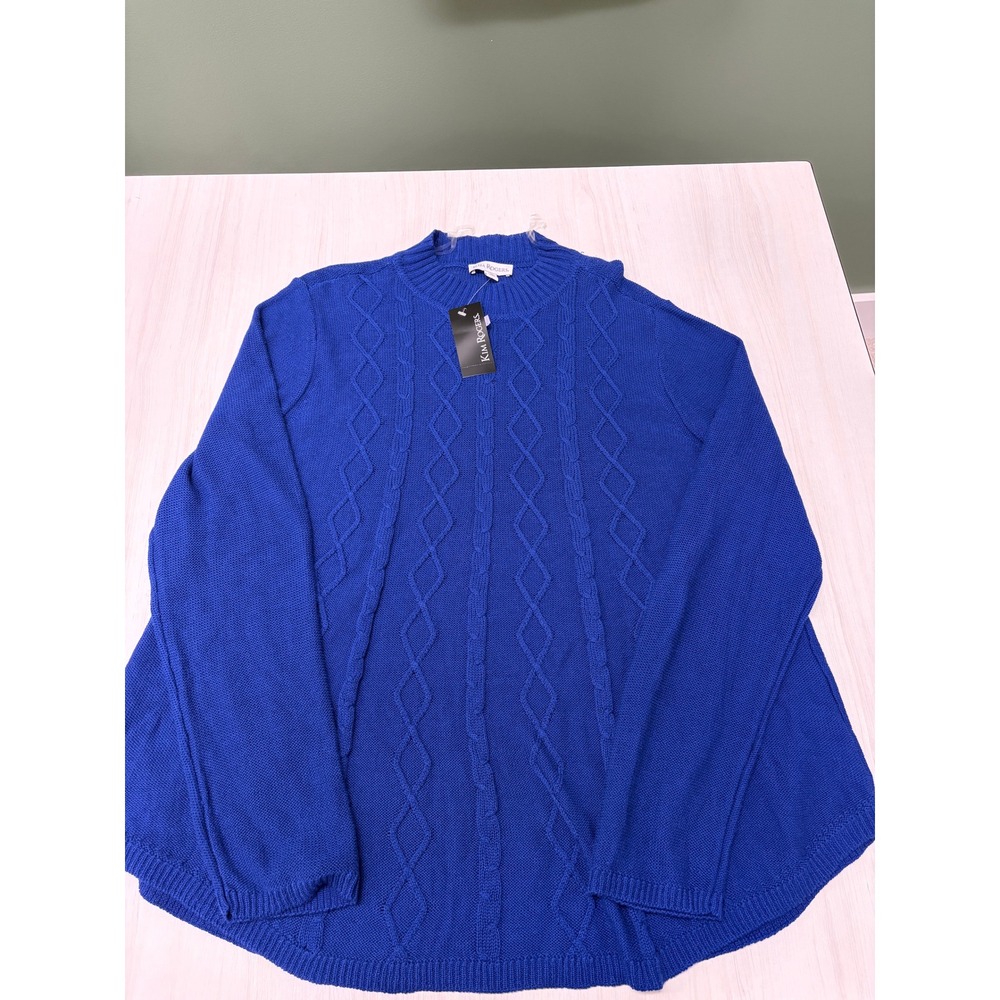 Kim Rogers Women's Large Blue Cable Knit Mock Neck Sweater NWT Cotton Blend